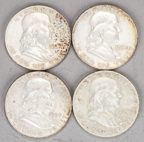 4 Franklin Silver Half Dollars; 1957-D, 1958-D, 1959-D & 1960-D