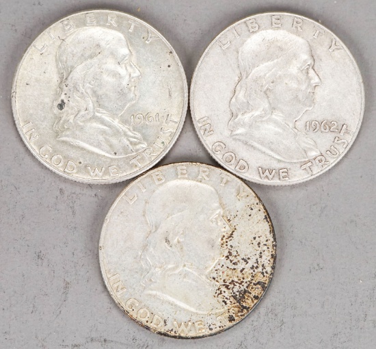 3 Franklin Silver Half Dollars; 1961-D, 1962-D & 1963-D