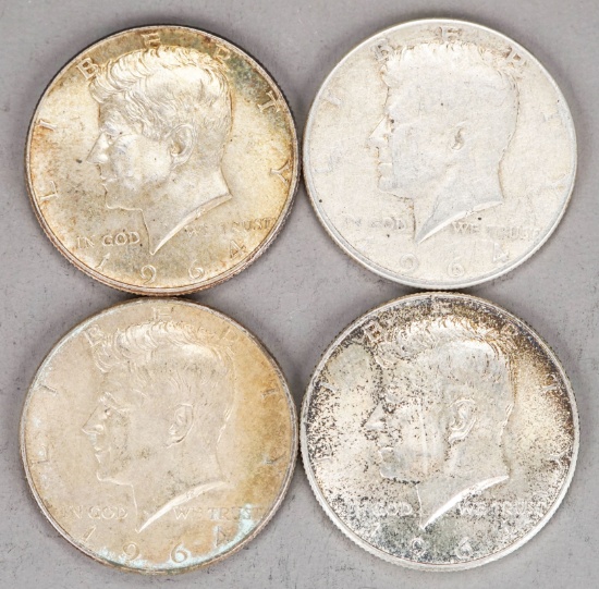 4 Kennedy Silver Half Dollars; 3-1964 & 1964-D