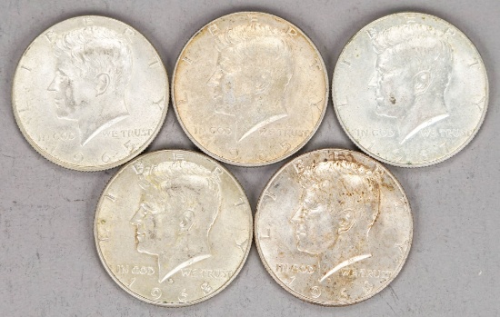 5 Kennedy 40% Silver Half Dollars; 2-1965, 1967, 1968-D & 1969-D