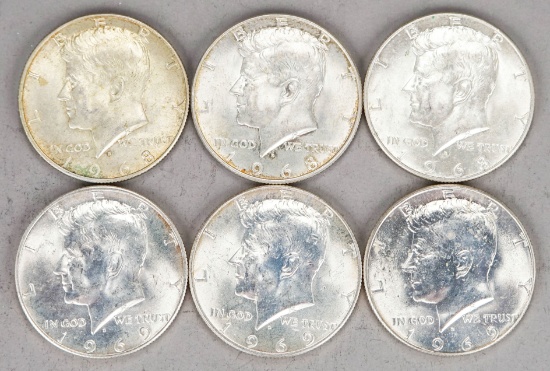 6 Kennedy 40% Silver Half Dollars; 3-1968-D & 3-1969-D
