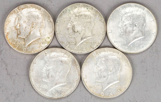 5 Kennedy 40% Silver Half Dollars; 1965, 1966, 1967, 1968-D & 1969-D