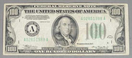 Series of 1934 $100 Federal Reserve Note; Bank of Boston Massachusetts