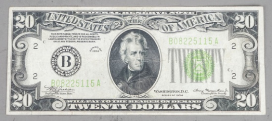 Series of 1934 $20 Federal Reserve Note; Bank of New York
