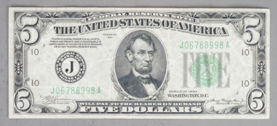 Series of 1934 $5 Federal Reserve Note, Bank of Kansas City