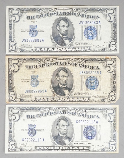3 Series of 1934 A $5 Blue Seal Silver Certificates