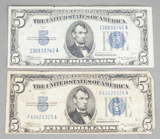 2 Series of 1934 A $5 Blue Seal Silver Certificates