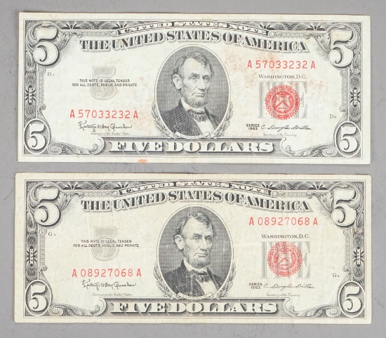 2 Series of 1963 $5 Red Seal United States Notes