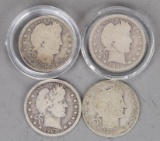 4 Barber Silver Quarters; 1895-O, 1898, 1907-O & 1909