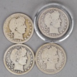 4 Barber Silver Quarters; 1902-O, 1903-O, 1905-O & 1908-O