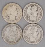 4 Barber Silver Quarters; 1912, 1914-D, 1916 & 1916-D