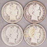 4 Barber Silver Half Dollars; 1911, 1912, 1912-D & 1912-S