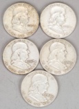 5 Franklin Silver Half Dollars; 1954-D, 1954-S, 1957, 1957-D & 1958-D
