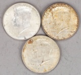 3 Kennedy Silver Half Dollars; 1964 & 2-1964-D