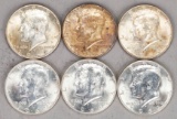 6 Kennedy 40% Silver Half Dollars; 3-1968-D & 3-1969-D