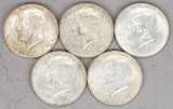 5 Kennedy 40% Silver Half Dollars; 1965, 1966, 1967, 1968-D & 1969-D
