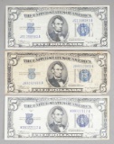 3 Series of 1934 A $5 Blue Seal Silver Certificates