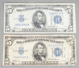 2 Series of 1934 A $5 Blue Seal Silver Certificates