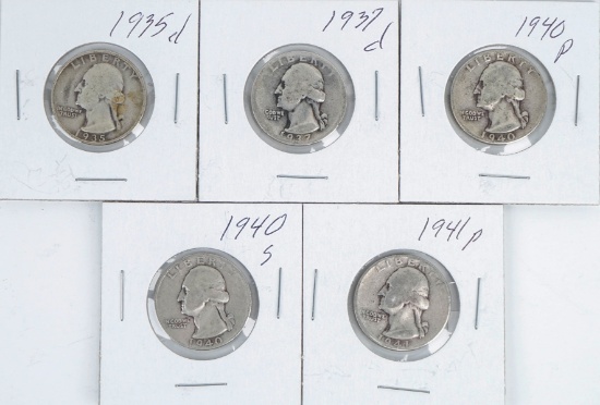 5 Washington Silver Quarters; 1935D, 1937D, 1940P, 1940S, 1941P