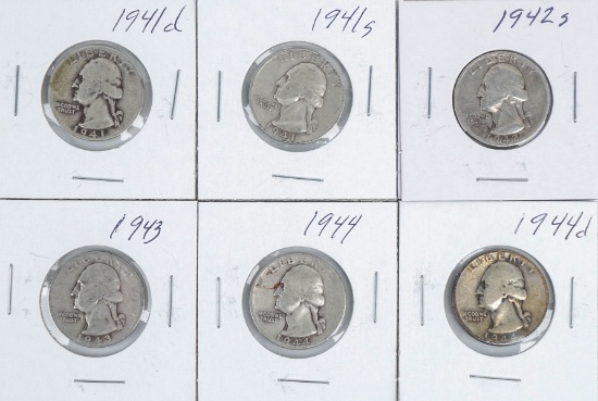 6 Washington Silver Quarters; 1941D, 1941S, 1942S, 1943P, 1944P, 1944D