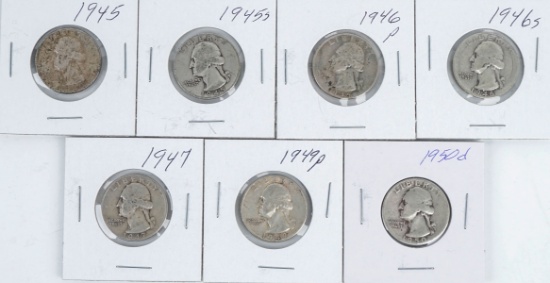 7 Washington Silver Quarters; 1945P, 1945S, 1946P, 1946S, 1947P, 1949P, 1950D
