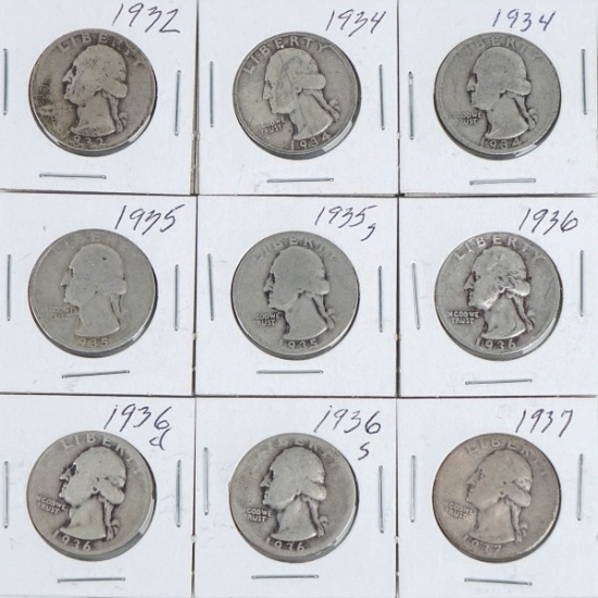 9 Washington Silver Quarters; 1932P, 2-1934P, 1935P, 1935S, 1936P, 1936D, 1936S, 1937P