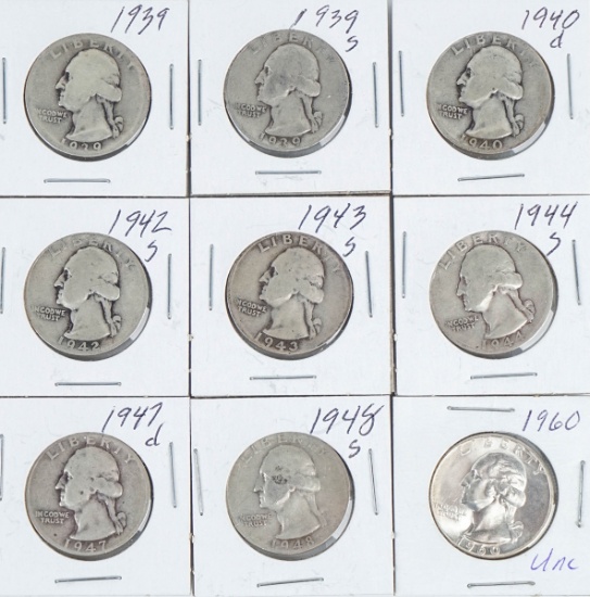 9 Washington Silver Quarters; 1939P, 1939S, 1940D, 1942S, 1943S, 1944S, 1947D, 1948S, 1960P
