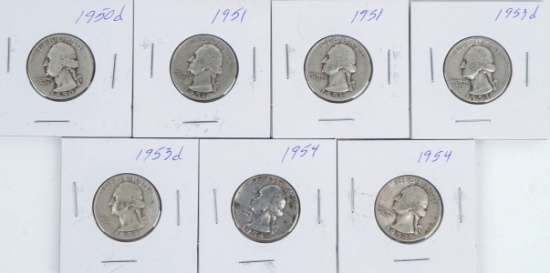 7 Washington Silver Quarters; 1950D, 2-1951P, 2-1953D, 2-1954P