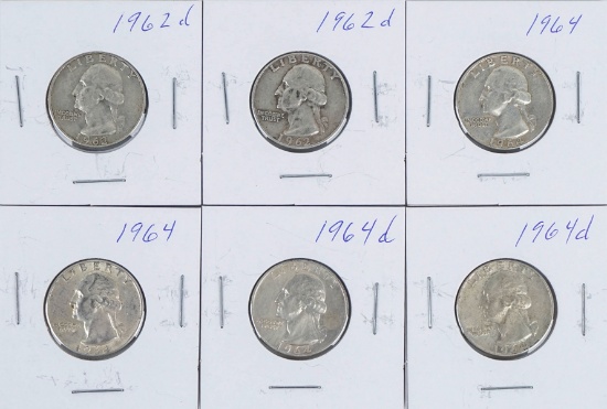6 Washington Silver Quarters; 2-1962D, 2-1964P, 2-1964D