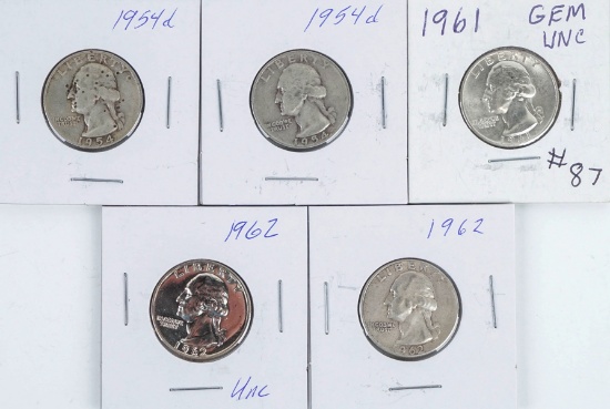 5 Washington Silver Quarters; 2-1954D, 1961P, 2-1962P