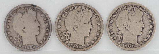 1899, 1906-D  & 1907-D Barber Half Dollars