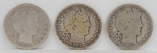 1907-S, 1907-O  & 1908-D Barber Half Dollars