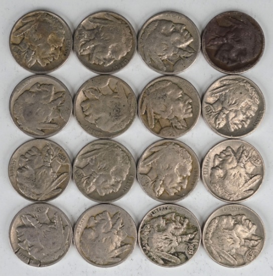 16 Buffalo Nickels, Various Dates/Mints