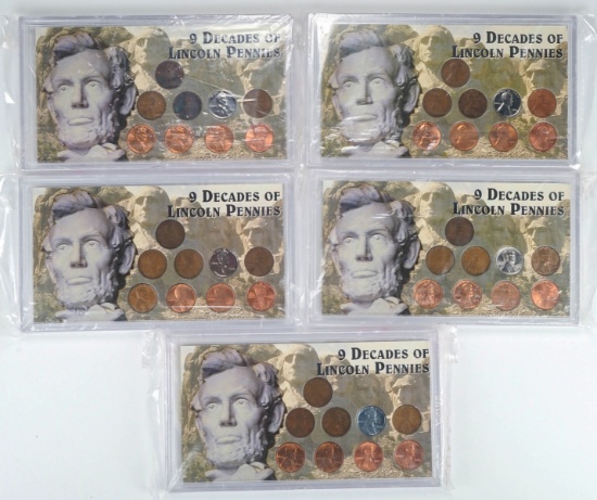 5 Sets Of 9 Decades of Lincoln Pennies (Unopened)