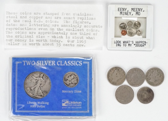 1942 Walking Liberty, 1936 Mercury Dime, 4 V Nickels &