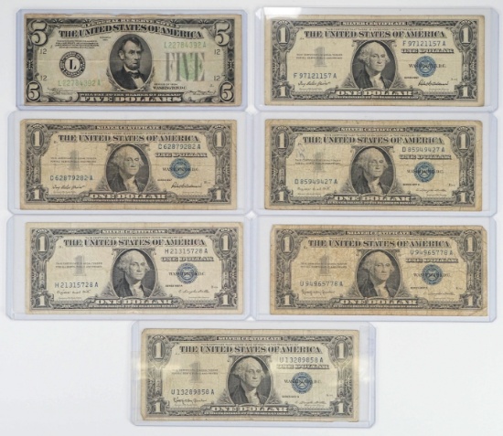 1934 $5 Green Seal Reserve Note, 6 1957 $1 Silver Certificates