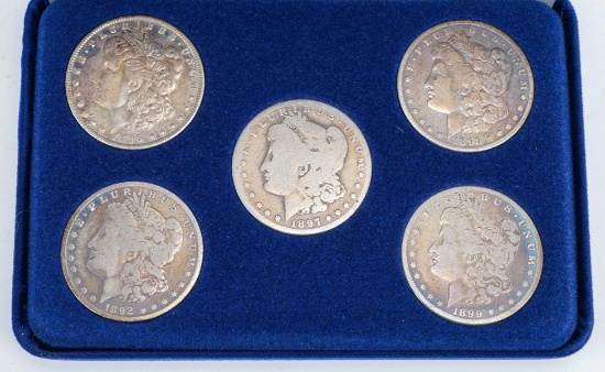 Morgan Silver Dollar Collection Set; 5 Coins (1892,1896,1897,1898,1899)