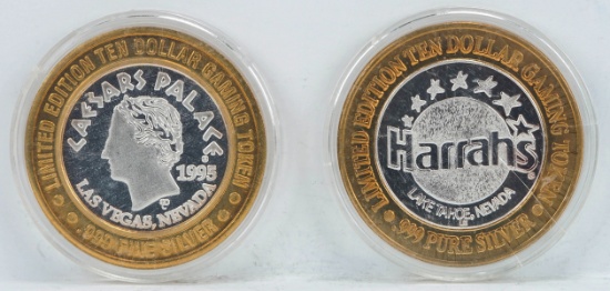 2 Limited Edition $10 Gaming Tokens, .999 Fine Silver (Caesar Palace & Harrah's)