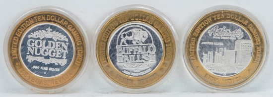 3 Limited Edition $10 Gaming Tokens, .999 Fine Silver (Golden Nugget, Buffalo Bill's &Atlantis)