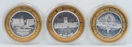 3 Limited Edition $10 Gaming Tokens, .999 Fine Silver (Flamingo, Harvey's & Masquerade Village)