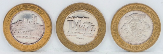 3 Limited Edition $10 Gaming Tokens, .999 Fine Silver (Colorado Belle, Plaza & Dutch Schultz)