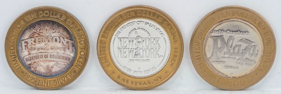 3 Limited Edition $10 Gaming Tokens, .999 Fine Silver (Fremont, New York New York & Plaza)
