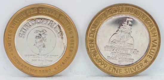2 Limited Edition $10 Gaming Tokens, .999 Fine Silver (Sundowner & Treasure Bay)