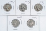 5 Washington Silver Quarters; 1935D, 1937D, 1940P, 1940S, 1941P