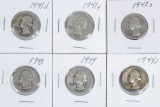 6 Washington Silver Quarters; 1941D, 1941S, 1942S, 1943P, 1944P, 1944D