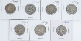 7 Washington Silver Quarters; 1945P, 1945S, 1946P, 1946S, 1947P, 1949P, 1950D