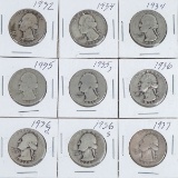 9 Washington Silver Quarters; 1932P, 2-1934P, 1935P, 1935S, 1936P, 1936D, 1936S, 1937P