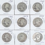 9 Washington Silver Quarters; 1939P, 1939S, 1940D, 1942S, 1943S, 1944S, 1947D, 1948S, 1960P