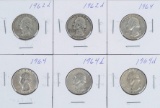 6 Washington Silver Quarters; 2-1962D, 2-1964P, 2-1964D