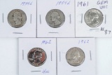5 Washington Silver Quarters; 2-1954D, 1961P, 2-1962P